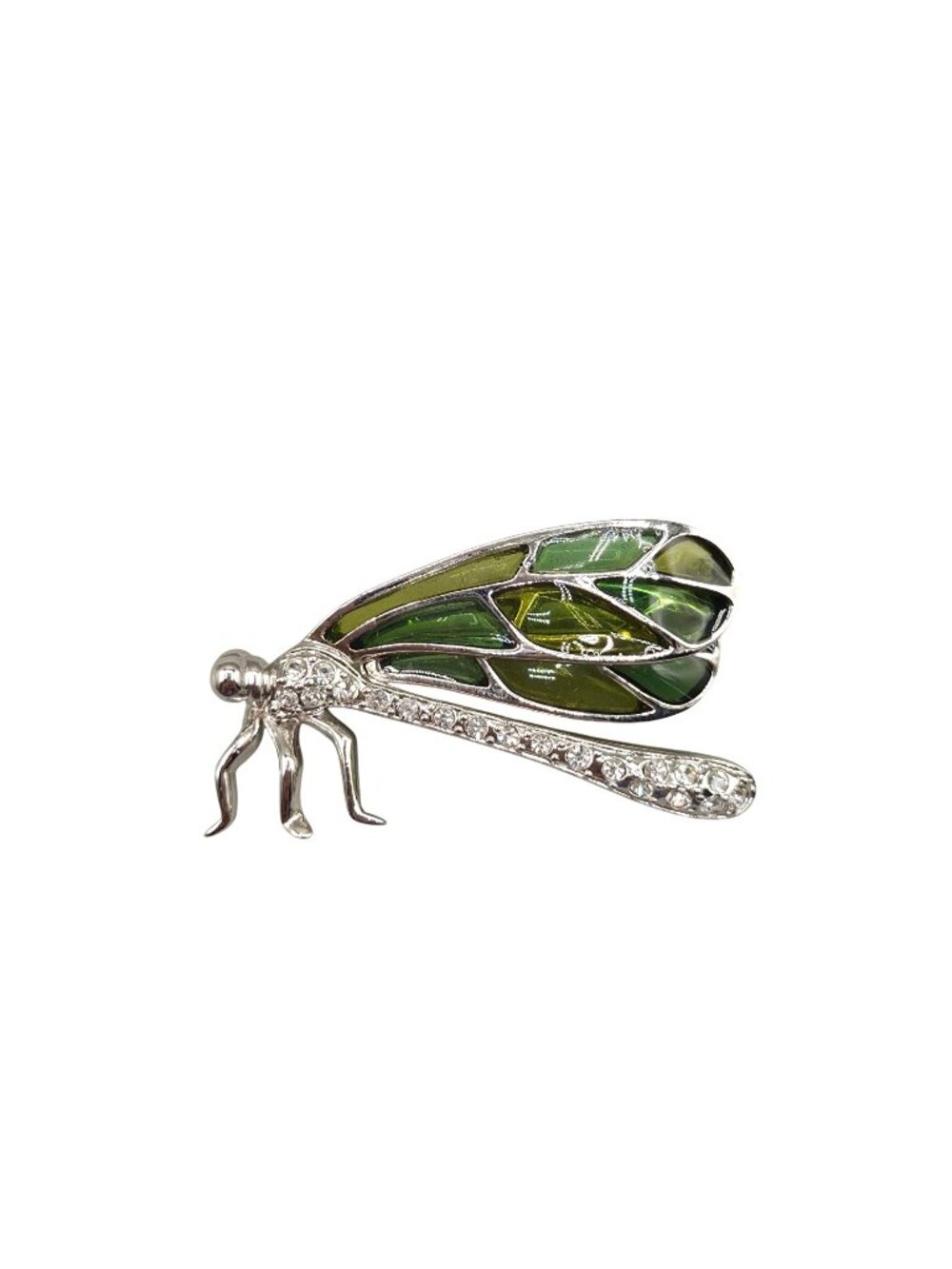 Dragonfly Bug Brooch Green Enamel Wings Rhinestones Silver Tone Insect Jewelry